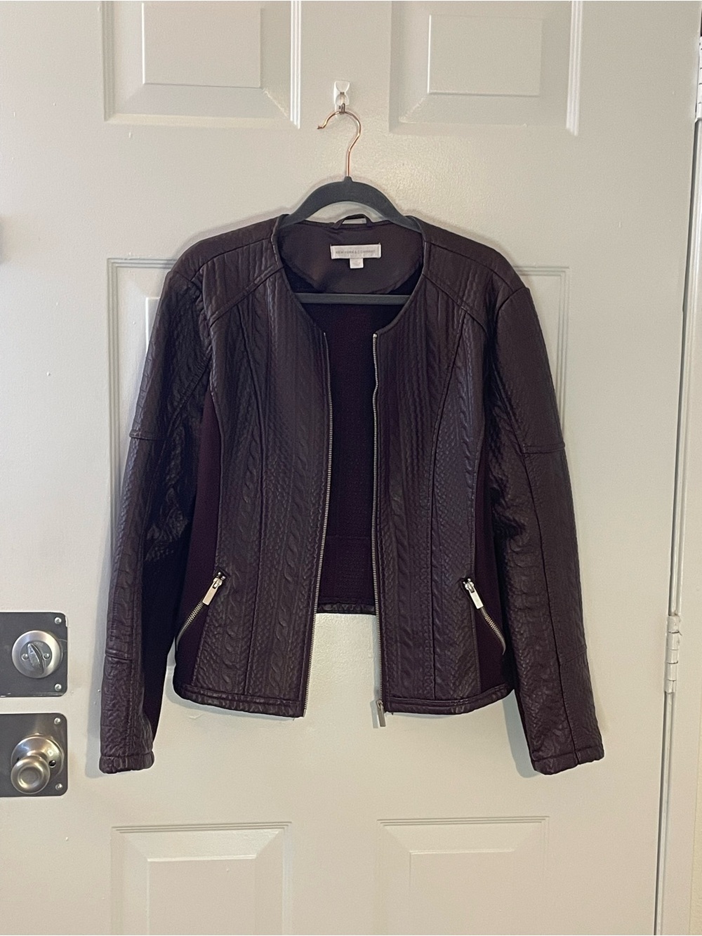 New York & Company Quilted Leather Jacket in Plum